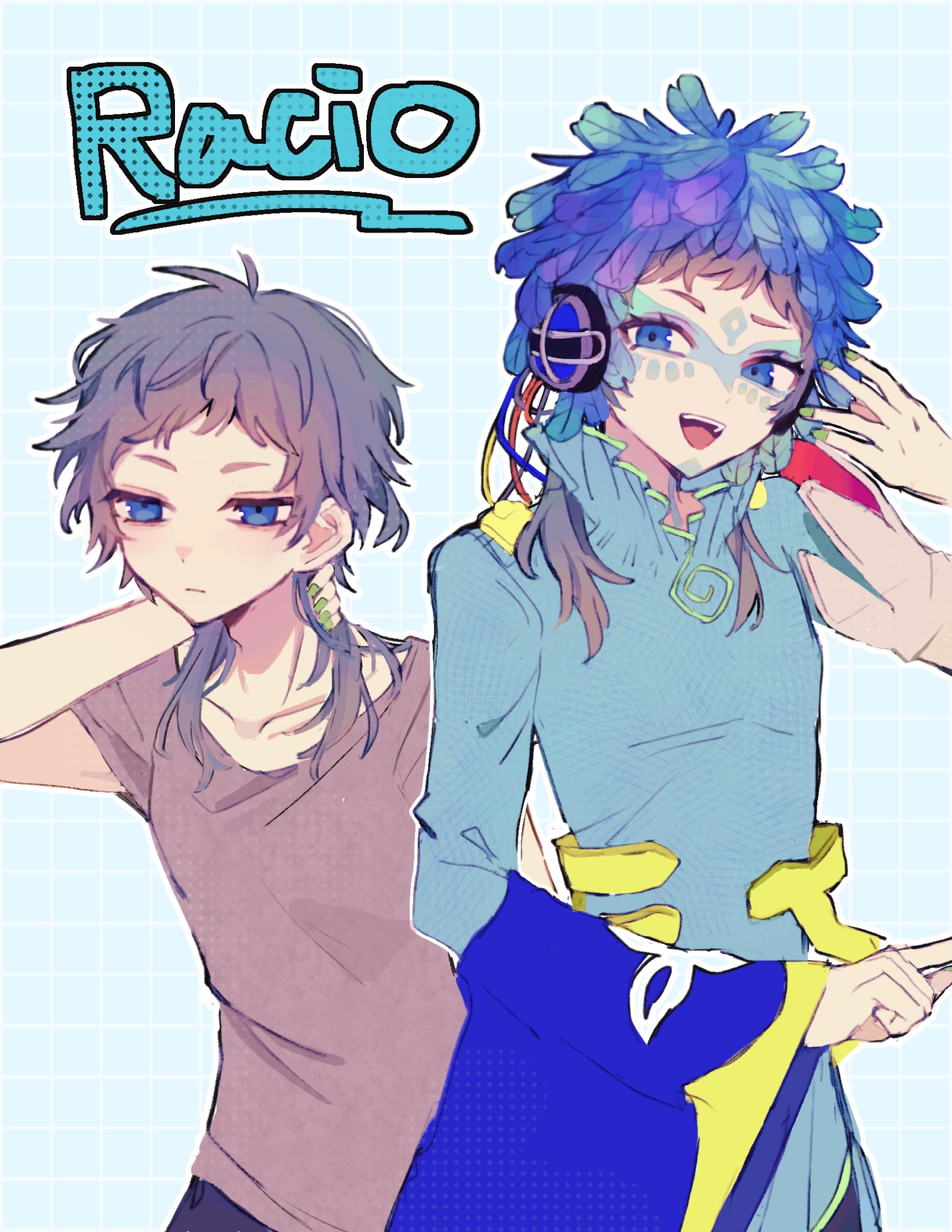 raqio, gnosia, highres, 1other, blue background, blue eyes, blue hair, brown hair, brown shirt, closed mouth, facepaint, facial mark, green nails, grid background, hand up, headphones, hjm gn, jacket, long hair, long sleeves, looking at viewer, open mouth, shirt, short bangs, short hair, smile