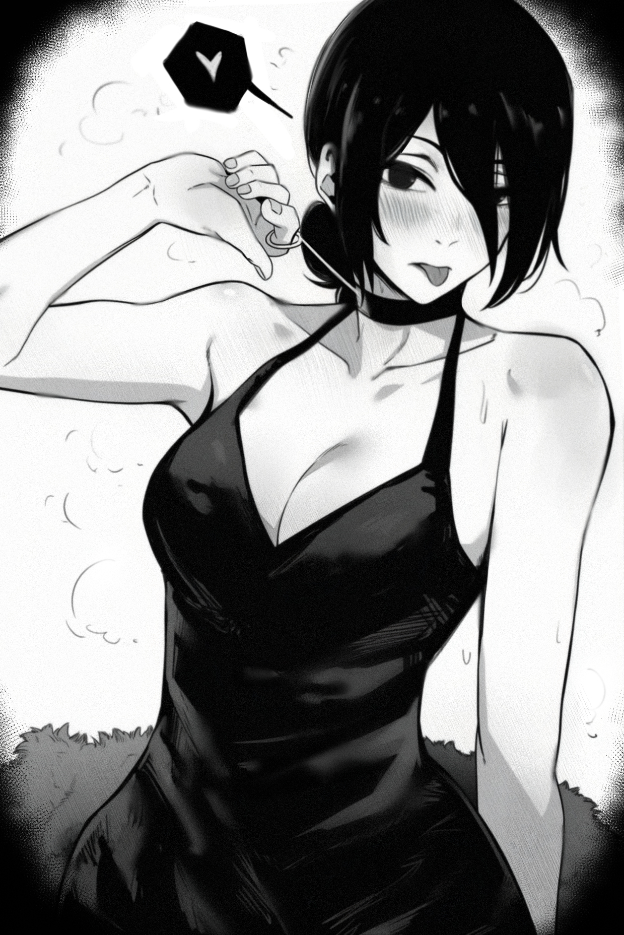 rethoven, reze (chainsaw man), chainsaw man, highres, 1girl, alternate breast size (larger), blush, breasts, choker, cleavage, dress, grenade pin, greyscale, hair between eyes, hair bun, heart, large breasts, looking at viewer, monochrome, solo, spoken heart, tongue, tongue out