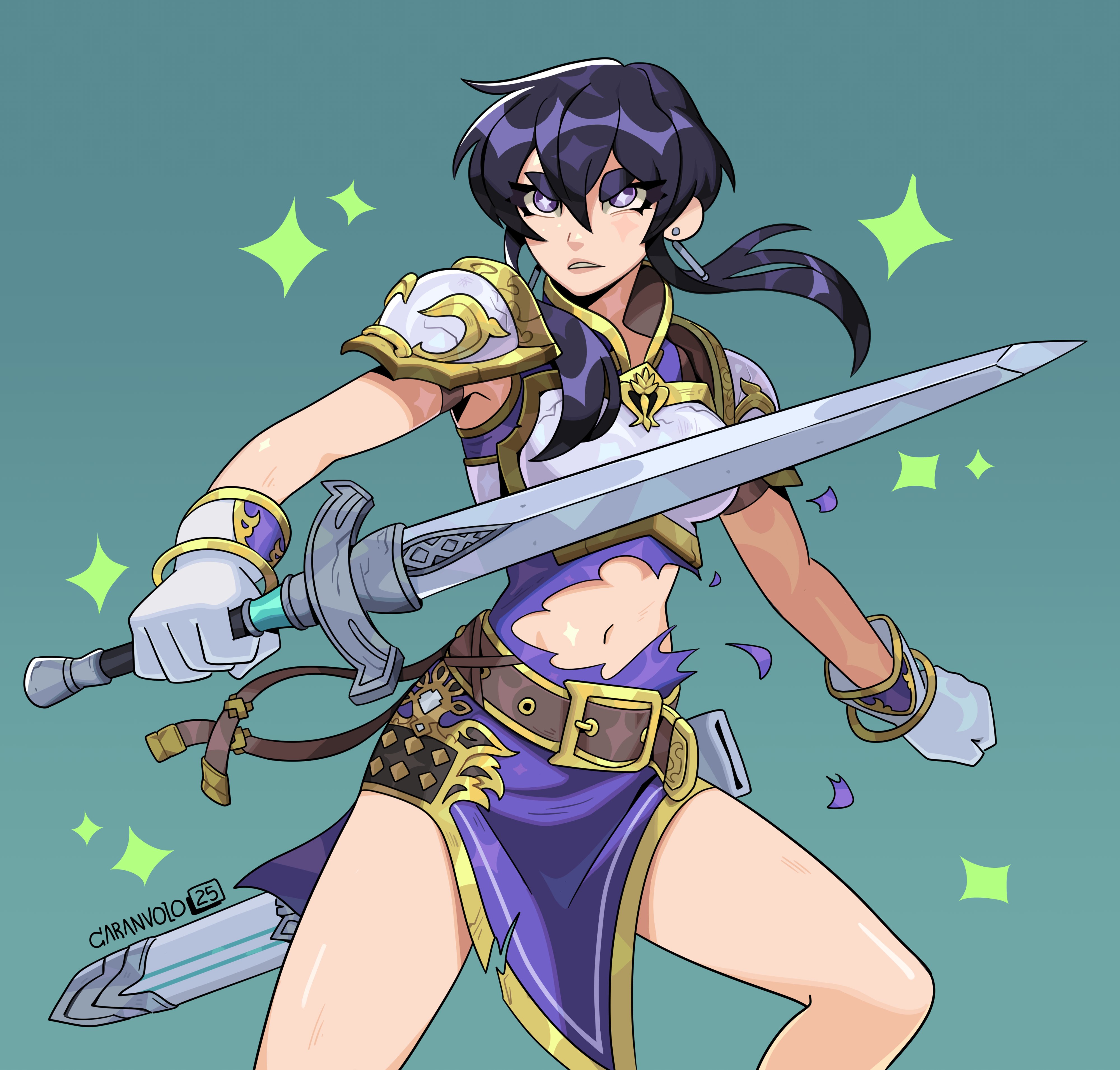 caranvolo, larcei (fire emblem), fire emblem, fire emblem: genealogy of the holy war, nintendo, absurdres, commission, commissioner upload, highres, vgen commission, 1girl, armor, bare legs, belt, black hair, breastplate, crack, glaring, gloves, holding, holding sword, holding weapon, purple tunic, sheath, short hair, shoulder armor, sidelocks, simple background, solo, standing, star (symbol), star in eye, sword, symbol in eye, thighs, tomboy, torn clothes, torn tunic, tunic, weapon