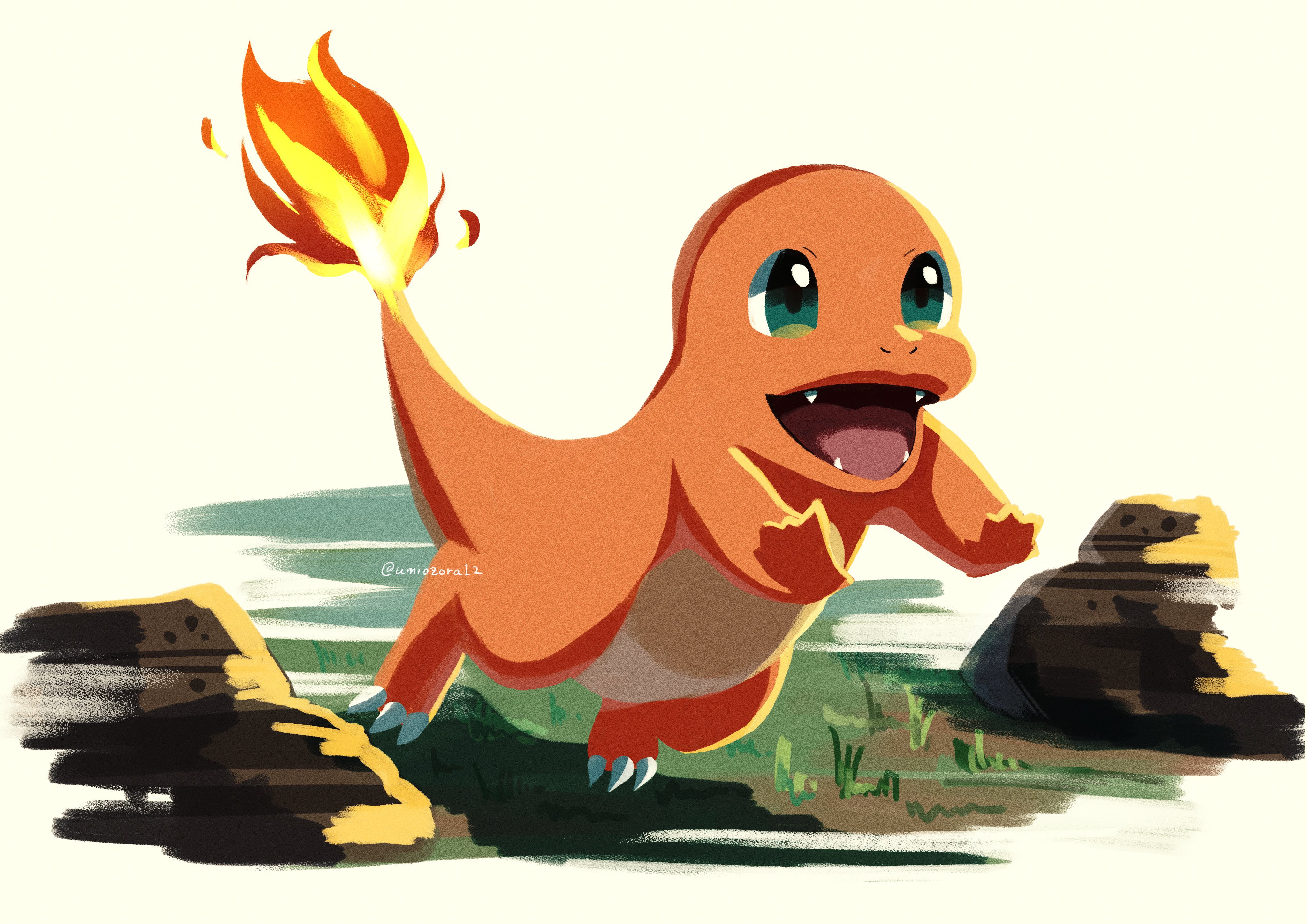 noahzark1212, charmander, nintendo, pokemon, absurdres, highres, claws, fangs, fire, flame-tipped tail, full body, gen 1 pokemon, grass, green eyes, no humans, open mouth, pokemon (creature), pokemon focus, rock, smile, solo, tail