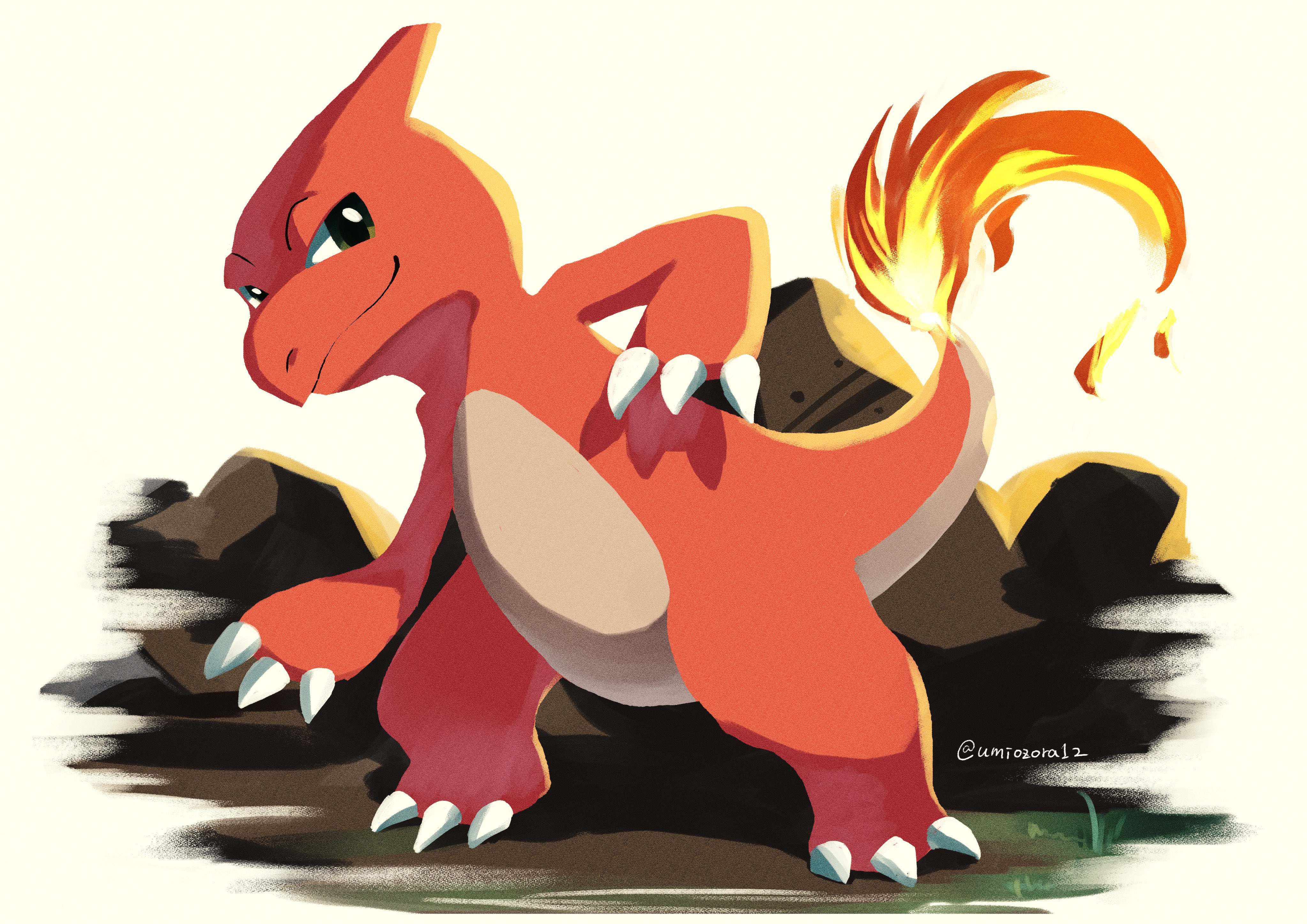 noahzark1212, charmeleon, nintendo, pokemon, absurdres, highres, claws, closed mouth, fire, flame-tipped tail, gen 1 pokemon, green eyes, horns, looking at viewer, no humans, pokemon (creature), pokemon focus, rock, single horn, smile, tail