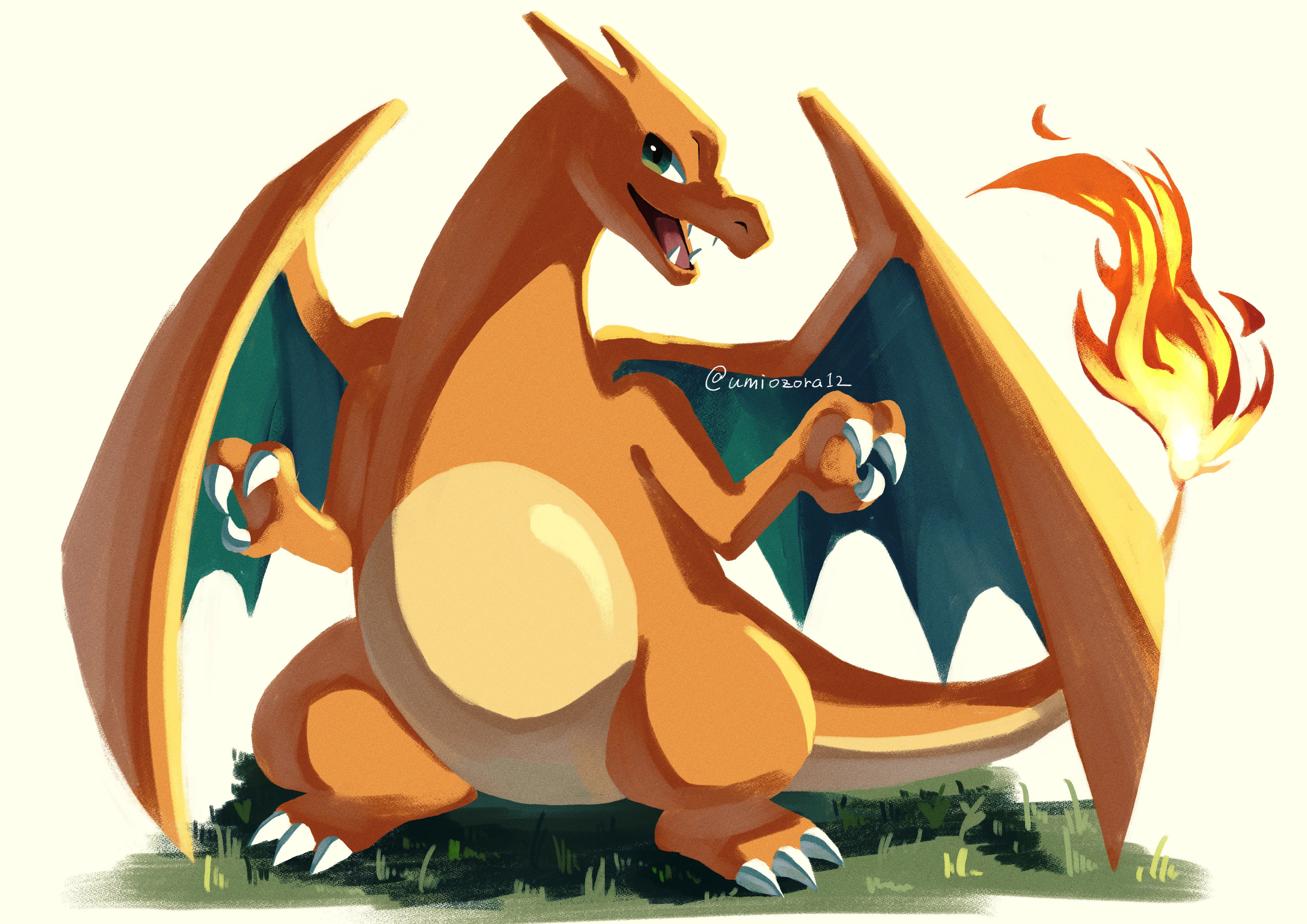 noahzark1212, charizard, nintendo, pokemon, absurdres, highres, claws, dragon, fangs, fire, flame-tipped tail, gen 1 pokemon, grass, green eyes, no humans, open mouth, pokemon (creature), pokemon focus, tail, wings