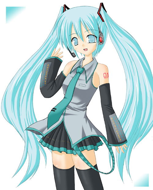 hirose aoi, hatsune miku, vocaloid, aqua eyes, aqua hair, detached sleeves, headset, long hair, necktie, skirt, solo, thighhighs, twintails, zettai ryouiki