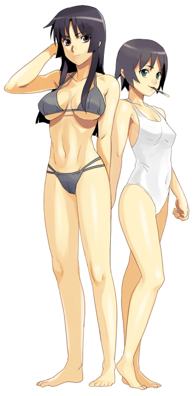 poporon, isayama yomi, tsuchimiya kagura, ga-rei, ga-rei zero, bad id, bad pixiv id, 00s, 2girls, barefoot, bikini, blunt bangs, breasts, feet, flat chest, food, large breasts, legs, long hair, multiple girls, pocky, short hair, swimsuit, underboob