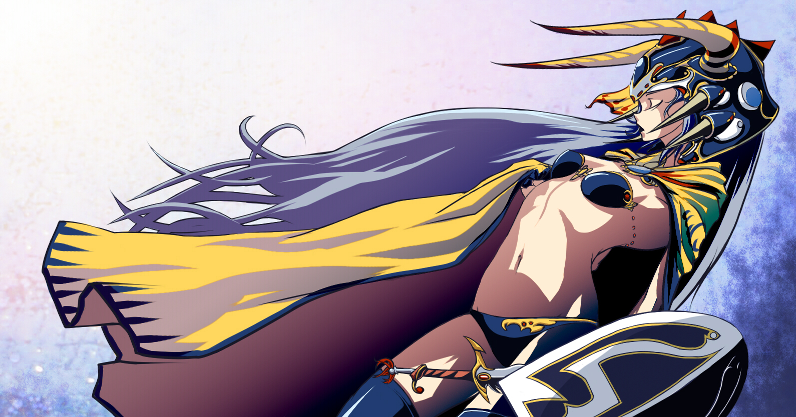 mubouou aasaa, warrior of light (ff1), dissidia final fantasy, final fantasy, final fantasy i, 1girl, armor, bikini, bikini armor, blue hair, cape, closed eyes, female focus, genderswap, genderswap (mtf), helmet, long hair, shield, solo, swimsuit, sword, weapon