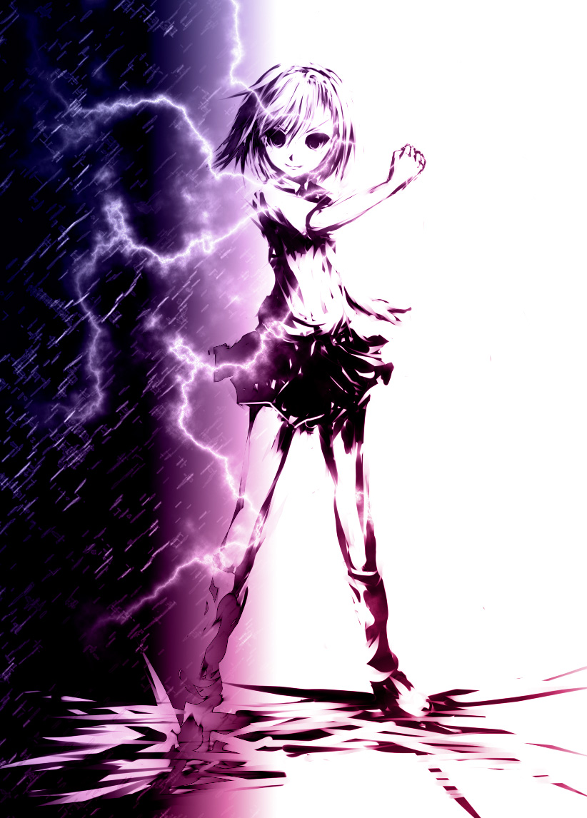 mohomen, misaka mikoto, toaru majutsu no index, 00s, 1girl, electricity, electrokinesis, female focus, full body, high contrast, legs apart, solo, standing