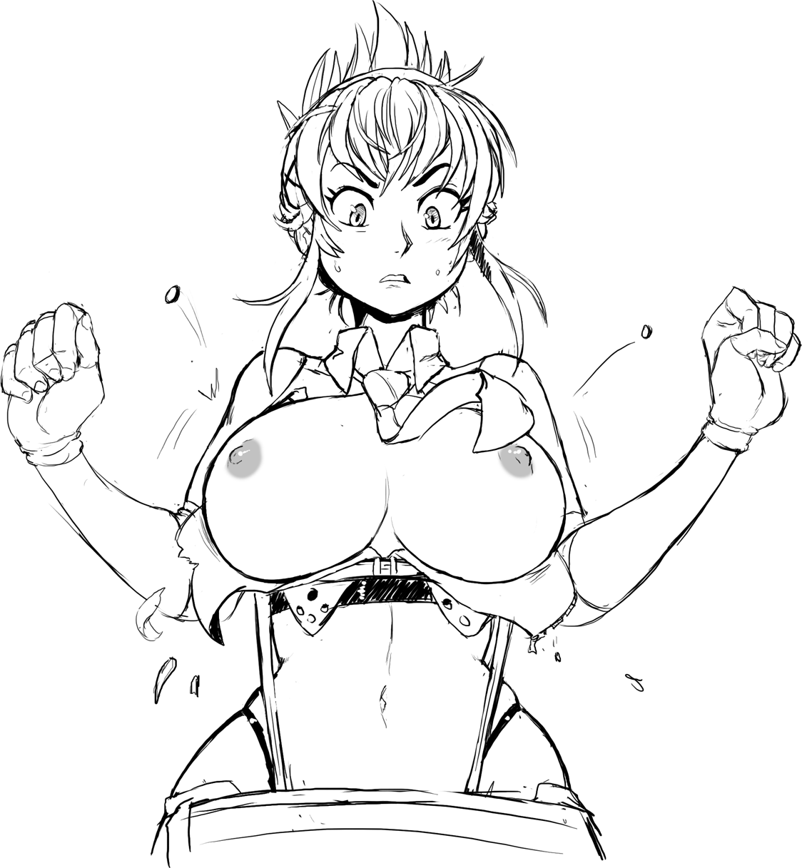 teevo, kisaragi chitose, super robot wars, super robot wars v, tie, breasts, fingerless gloves, gloves, large breasts, navel, nipples, ponytail, sketch, thong, wardrobe malfunction
