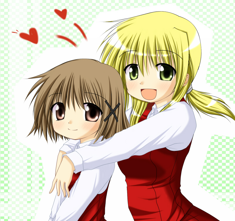 chitose (pixiv), kagura chitose, miyako (hidamari sketch), yuno (hidamari sketch), hidamari sketch, 00s, 2girls, blonde hair, brown eyes, brown hair, heart, hug, multiple girls, school uniform, short hair, yamabuki high school uniform, yellow eyes