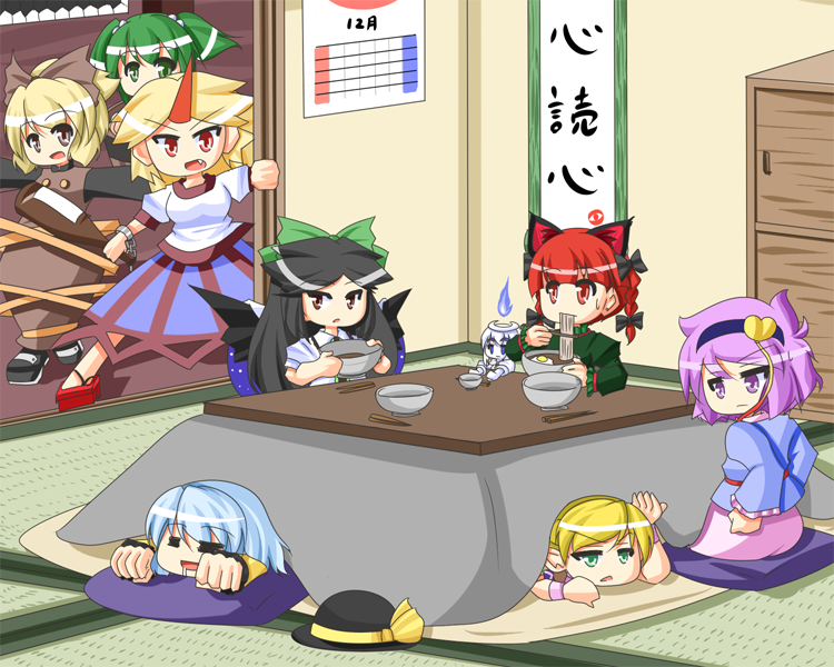 urushi, hoshiguma yuugi, kaenbyou rin, kisume, komeiji koishi, komeiji satori, kurodani yamame, mizuhashi parsee, reiuji utsuho, zombie fairy (touhou), subterranean animism, touhou, 6+girls, = =, animal ears, black hair, blonde hair, blue hair, bottle, bow, bowl, braid, brown eyes, calendar (object), cat ears, cat girl, chopsticks, eating, egg, everyone, fang, female focus, food, geta, green eyes, green hair, hair bow, hat, horns, kotatsu, multiple girls, noodles, purple eyes, purple hair, red eyes, red hair, ribbon, saliva, scroll, single horn, table, twin braids, under kotatsu, under table, unworn hat, unworn headwear, white hair
