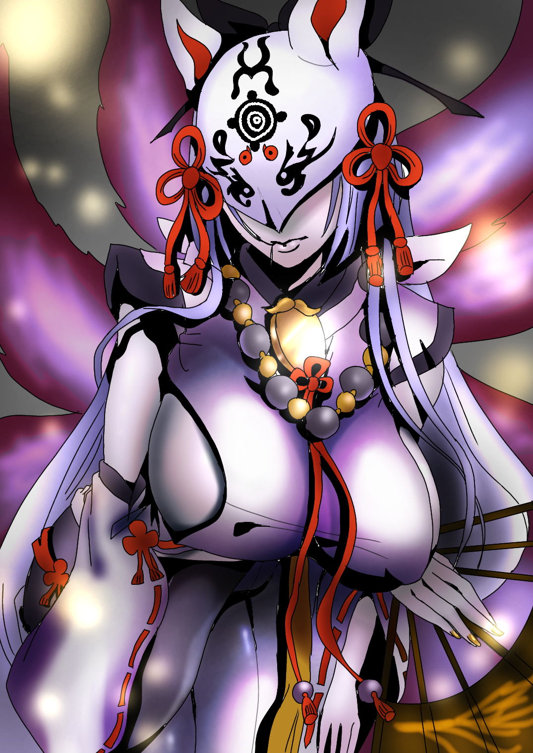 kuzunoha (grimms notes), grimms notes, artist request, source request, biting hair, breasts, closed mouth, covered erect nipples, detached sleeves, fox mask, hand fan, holding, holding fan, huge breasts, mask, purple hair, wide sleeves