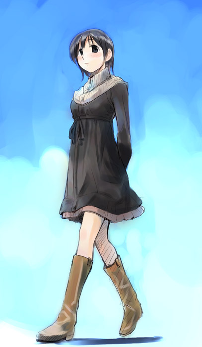 ikeda jun (mizutamari), original, tagme, arms behind back, black hair, boots, solo, walking