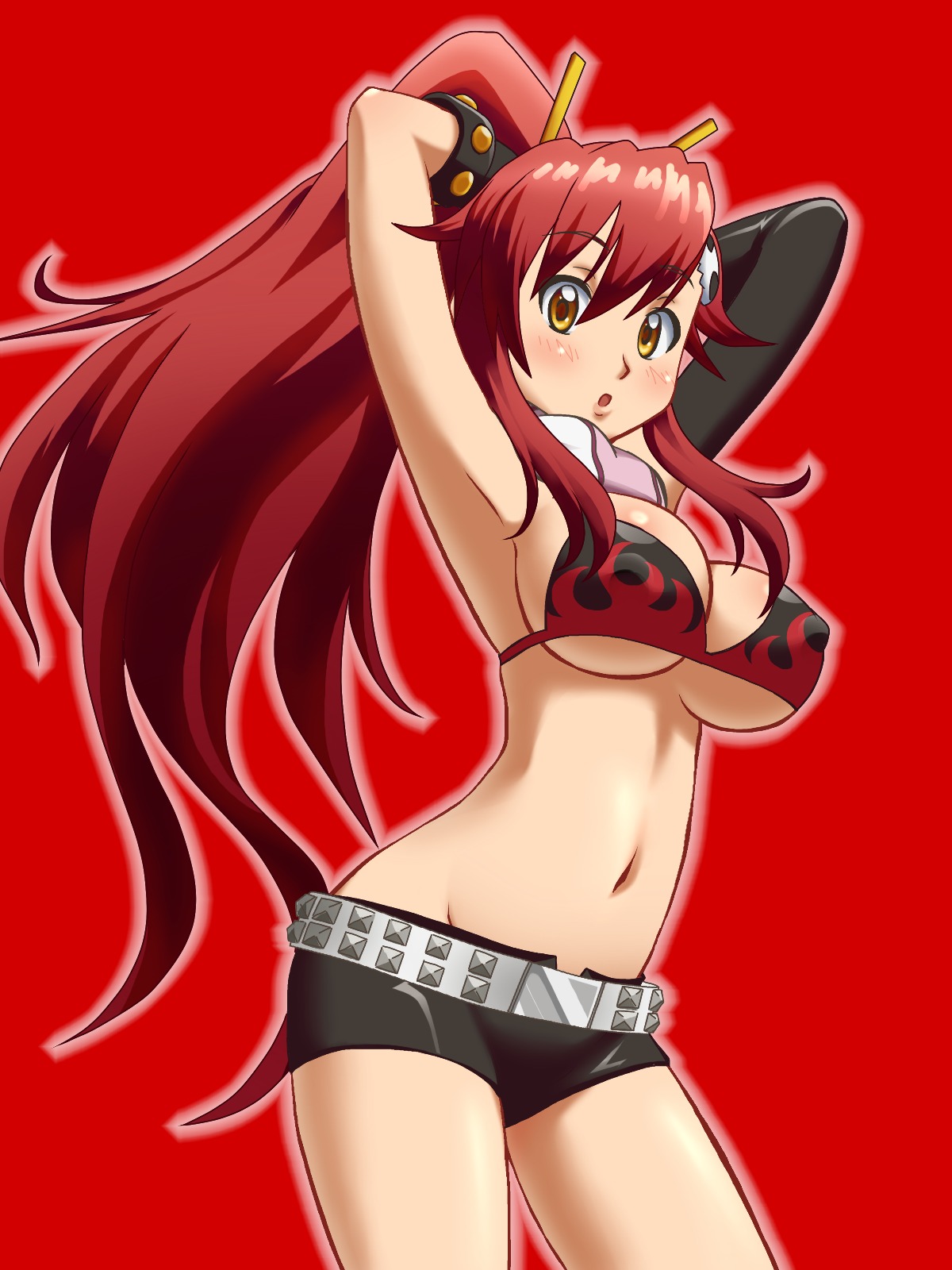 awa, yoko littner, tengen toppa gurren lagann, highres, 00s, 1girl, adjusting hair, armpits, arms up, belt, bikini, bikini top only, blush, breasts, cleavage, covered erect nipples, female focus, gloves, hair ornament, hand in own hair, long hair, looking at viewer, midriff, navel, ponytail, red background, red hair, red theme, scarf, short shorts, shorts, simple background, skull hair ornament, solo, studded belt, swimsuit, underboob, very long hair, yellow eyes