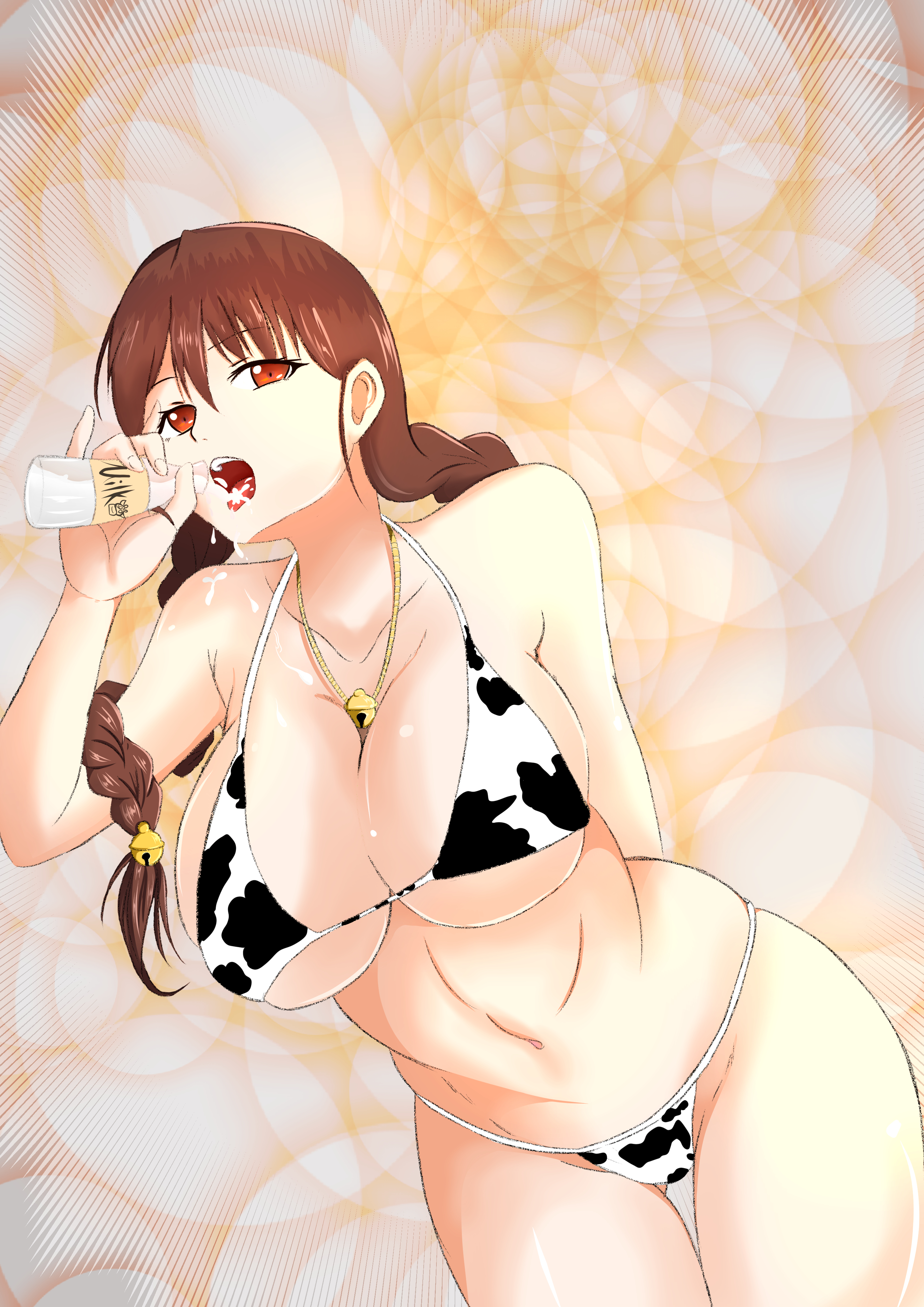 dorothy (grimms notes), grimms notes, 1girl, bottle, braid, breasts, brown hair, cow print, cow print bikini, cowboy shot, fourzon, holding, holding bottle, huge breasts, long hair, milk, milk bottle, open mouth, print bikini, solo, twin braids