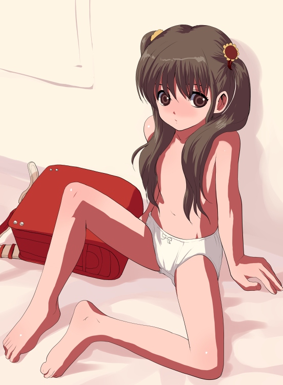 natori (natorism), original, 1girl, backpack, bag, barefoot, bed, blush, female focus, flat chest, loli, navel, paint.net (medium), panties, randoseru, solo, spread legs, topless female, twintails, underwear, underwear only