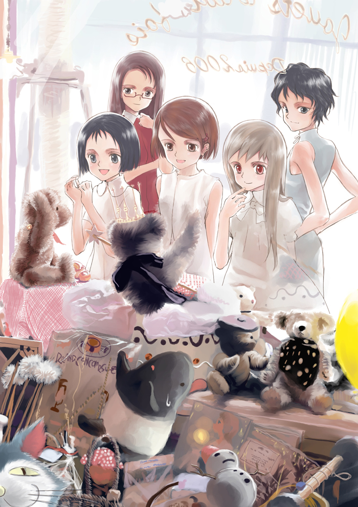 mocha, aida megumi, akanegi atsuko, asahina kyouko, asahina kyouko (kita e), sakuramachi yuuko, shiraishi karin, kita e, 00s, 5girls, closed mouth, glasses, long hair, multiple girls, open mouth, short hair, stuffed animal, stuffed toy, teddy bear