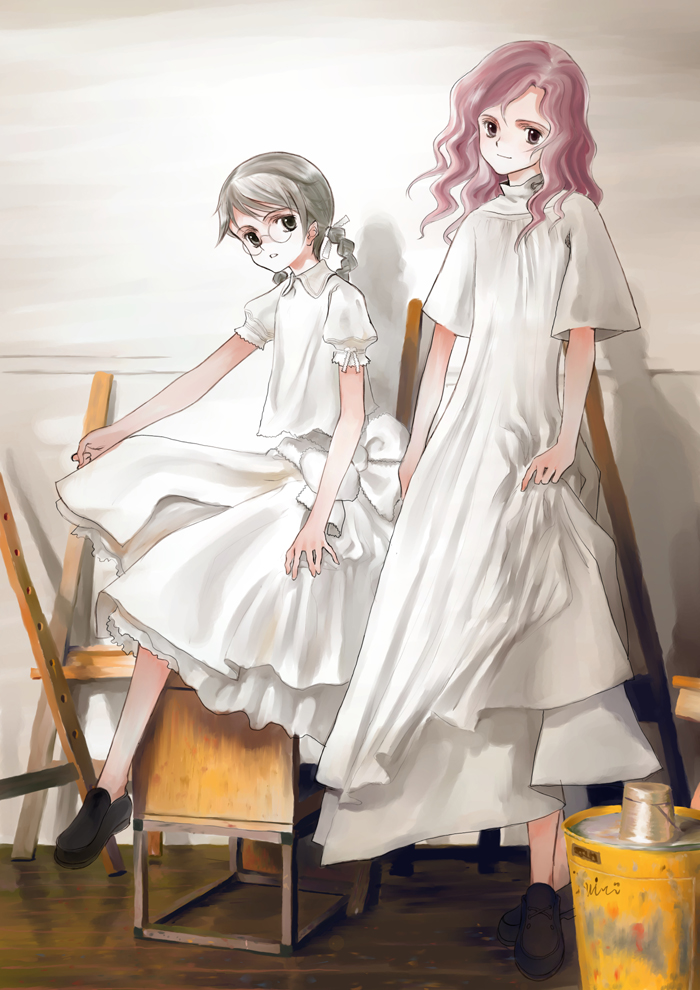 mocha, mafuyu (kita e), satonaka kozue, kita e, 00s, 2girls, braid, closed mouth, easel, glasses, long hair, multiple girls, shoes, twin braids
