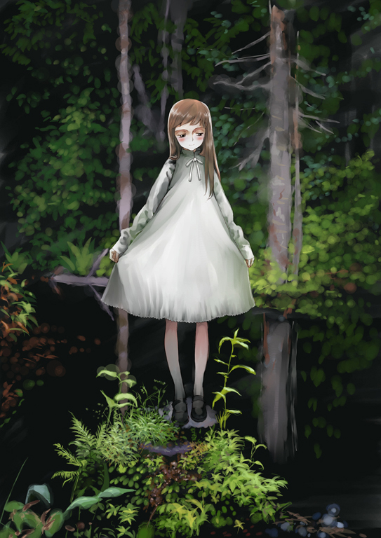 mocha, shiraishi karin, kita e, 00s, 1girl, brown hair, closed mouth, female focus, long hair, nature, plant, shoes, solo, tree, water