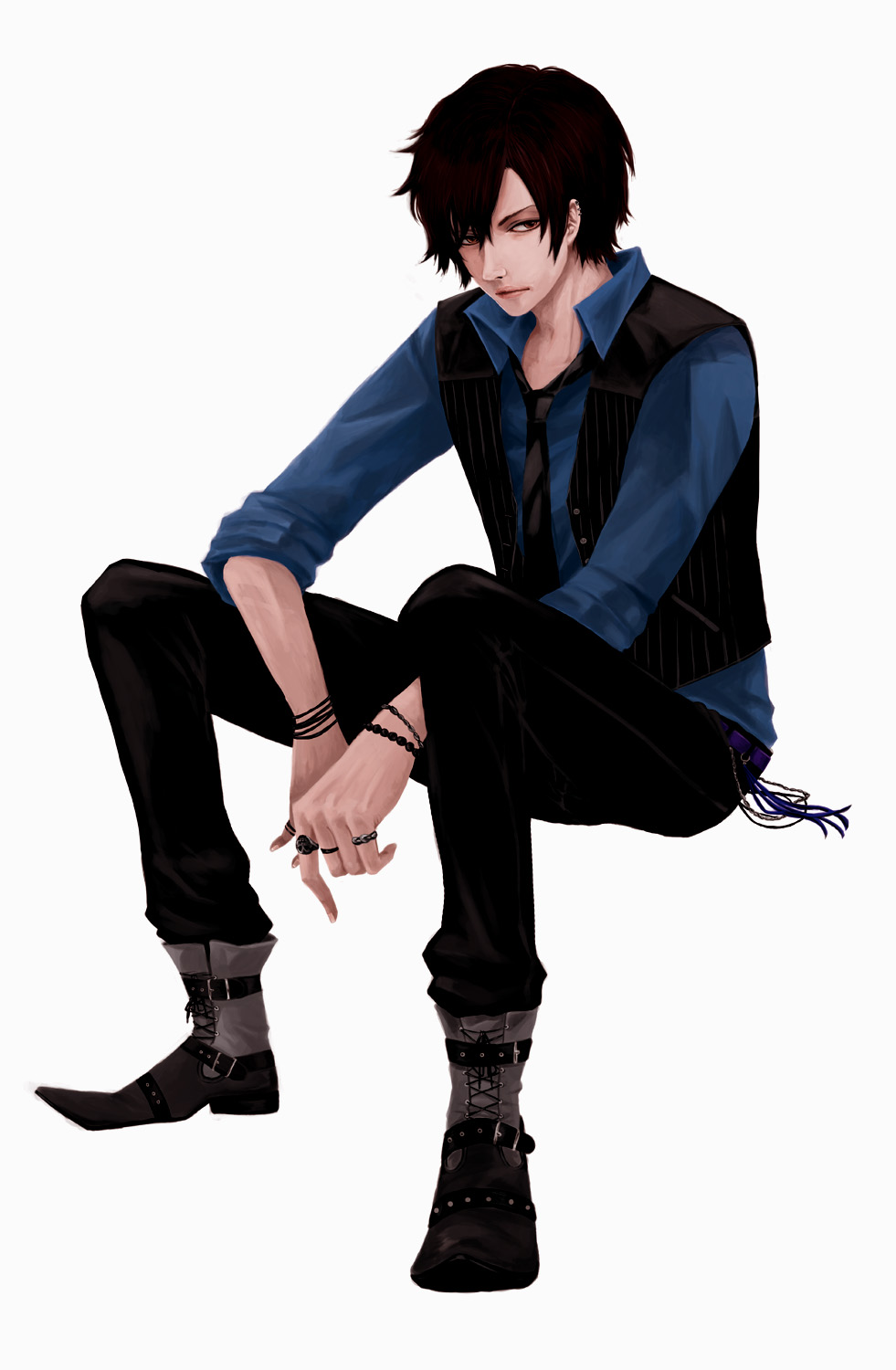 konno karin, mitaka, original, bad id, bad pixiv id, highres, 1boy, black necktie, blue shirt, boots, bracelet, brown eyes, brown hair, buckle, collared shirt, jewelry, lace-up boots, male focus, necktie, ring, shirt, short hair, sitting, solo, vest, waistcoat
