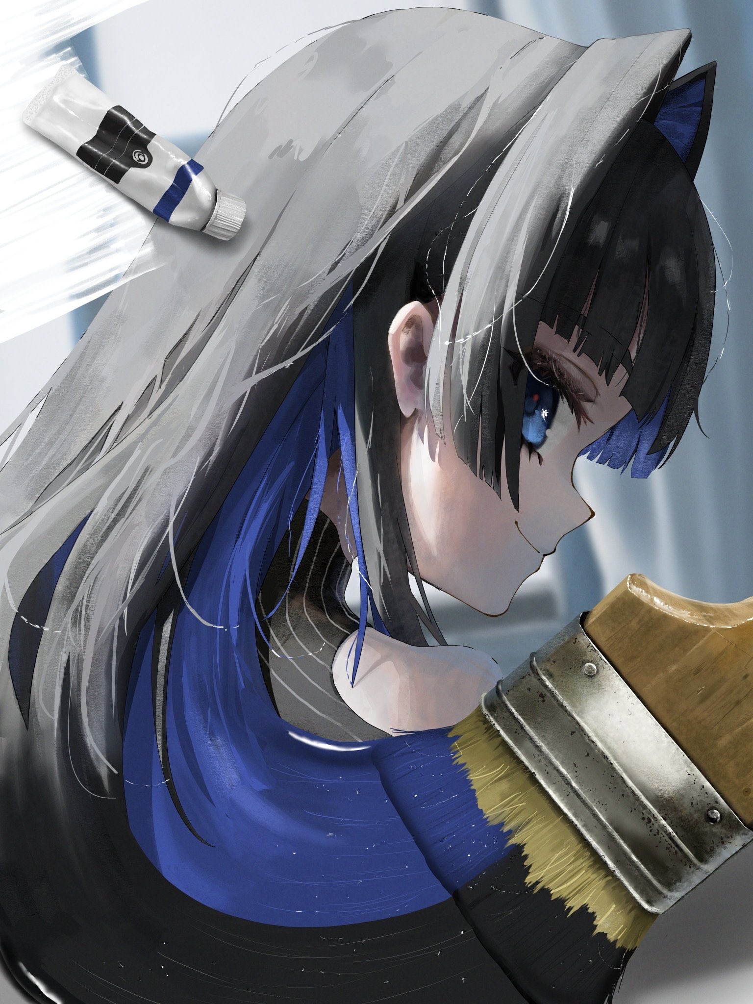 aoteka, ouro kronii, ouro kronii (1st costume), hololive, hololive english, highres, 1girl, black hair, blue eyes, blue hair, colored inner hair, hair intakes, long hair, multicolored hair, paint tube, paintbrush, smile, solo, virtual youtuber