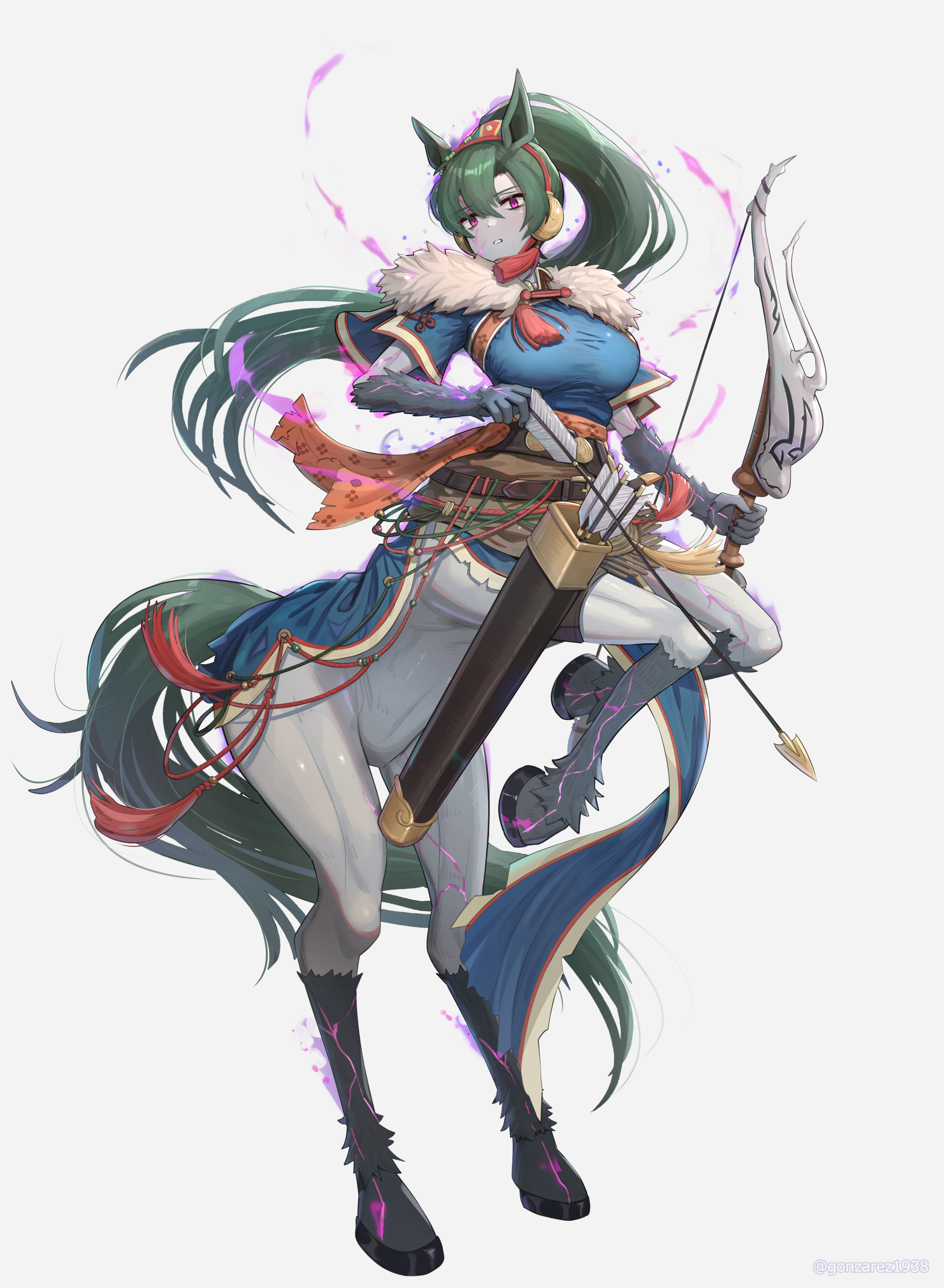 gonzarez, lyn (fire emblem), lyn (plains wind) (fire emblem), fire emblem, fire emblem: the blazing blade, fire emblem heroes, fire emblem shadows, nintendo, absurdres, highres, 1girl, alternate form, animal ears, arrow (projectile), aura, blue dress, bow (weapon), breasts, centaur, dark aura, dark persona, dress, full body, fur trim, green hair, hair ornament, hairband, high ponytail, holding, holding arrow, holding bow (weapon), holding weapon, horse ears, horse girl, large breasts, long hair, looking at viewer, monster girl, monsterification, parted lips, ponytail, purple eyes, quiver, rearing, red hairband, short sleeves, simple background, sky, solo, tassel, tassel hair ornament, taur, very long hair, weapon, white background