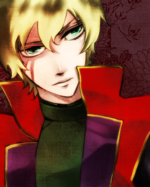 konno karin, mitaka, graham aker, mister bushido, gundam, gundam 00, bad id, bad pixiv id, 00s, 1boy, blonde hair, burn scar, green eyes, male focus, quality, scar, short hair, solo
