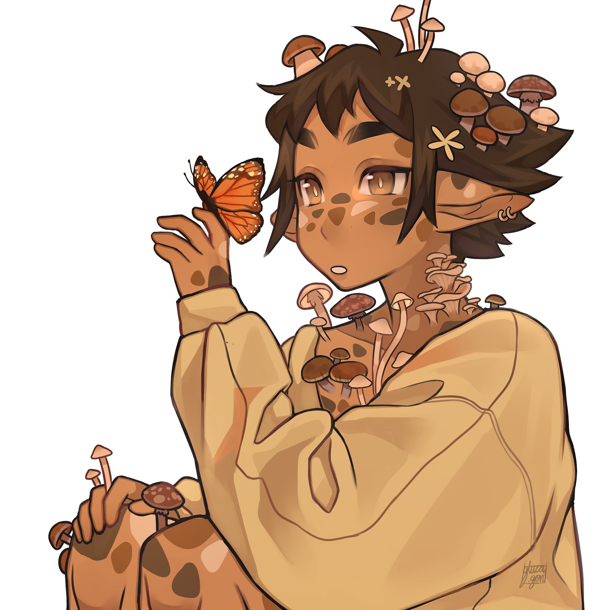gluca, original, commentary, english commentary, highres, 1other, androgynous, brown eyes, brown hair, bug, butterfly, butterfly on hand, dark skin, earrings, insect, jewelry, monarch butterfly, multiple earrings, mushroom, mushroom on head, other focus, pointy ears, signature, solo, spotted skin, sweater, yellow sweater