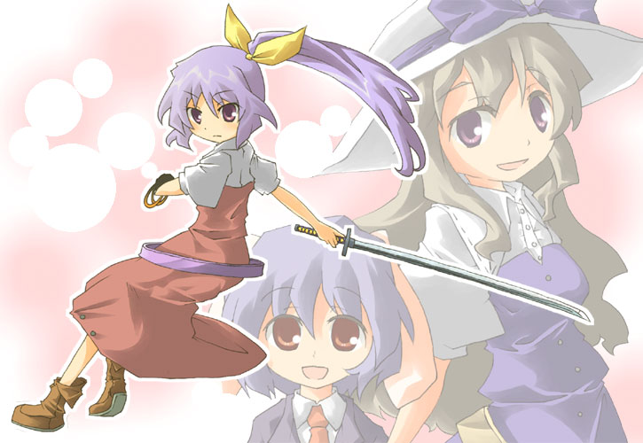ara ta, harada (sansei rain), reisen, watatsuki no toyohime, watatsuki no yorihime, touhou, light purple hair, bad id, bad pixiv id, 3girls, :d, ankle boots, belt, blush, boots, bow, bracelet, female focus, hair bow, holding, holding sword, holding weapon, jewelry, katana, long hair, looking at viewer, looking back, multiple girls, open mouth, ponytail, reverse grip, smile, standing, sword, tareme, very long hair, weapon