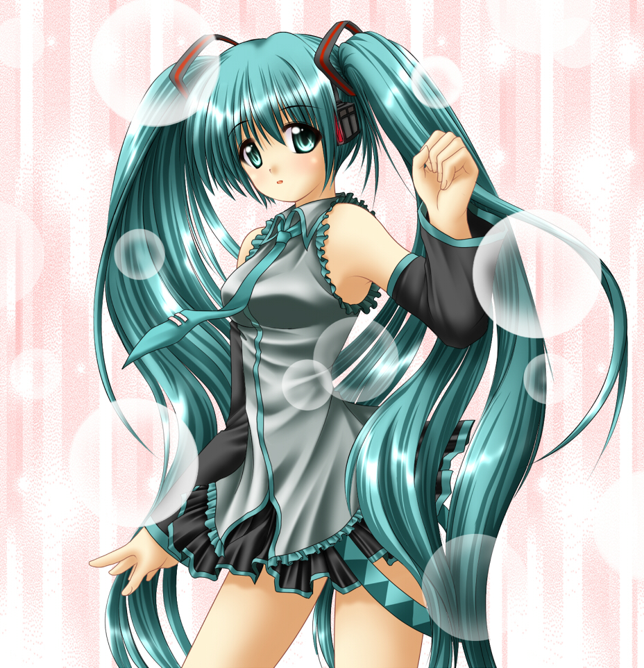 chitose (pixiv), kagura chitose, hatsune miku, vocaloid, 1girl, aqua eyes, aqua hair, bubble, detached sleeves, female focus, long hair, necktie, skirt, solo, twintails