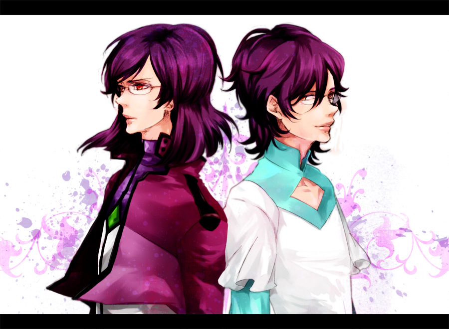 konno karin, mitaka, tieria erde, gundam, gundam 00, bad id, bad pixiv id, 00s, 2boys, back-to-back, dual persona, glasses, letterboxed, multiple boys, purple hair, red eyes, short hair