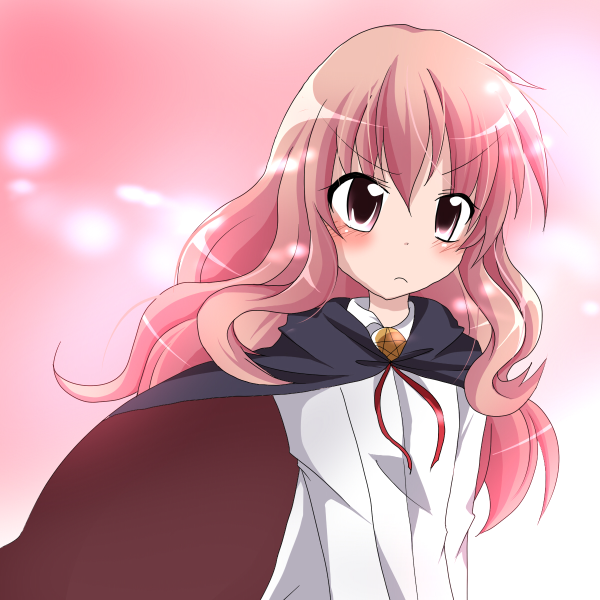 kaname ihnk, louise francoise le blanc de la valliere, zero no tsukaima, bad id, bad pixiv id, highres, 00s, 1girl, cape, female focus, long hair, pentacle, pink background, pink eyes, pink hair, solo