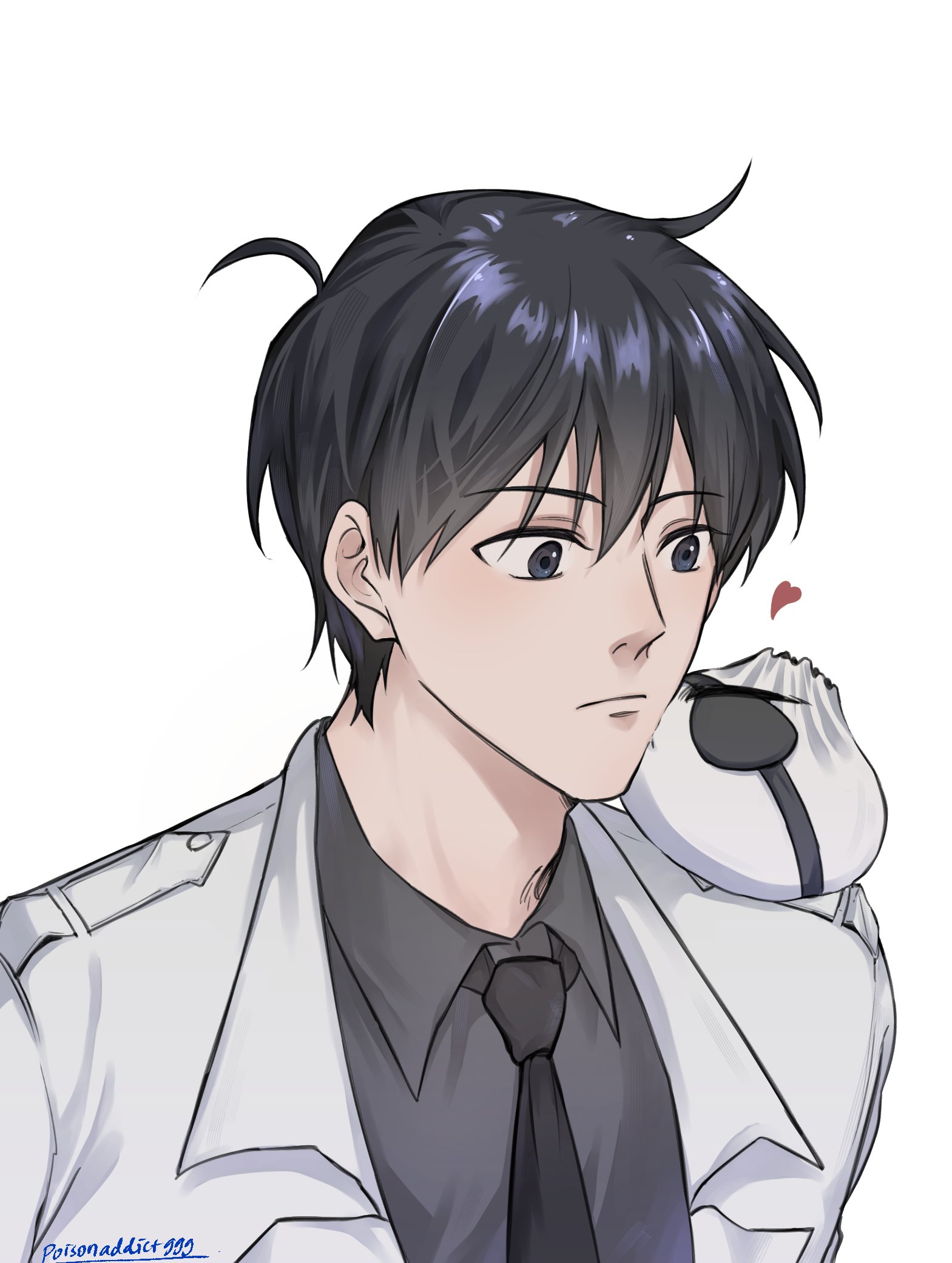 kim dokja, secretive plotter, omniscient reader's viewpoint, highres, 1boy, ahoge, black eyes, black hair, black necktie, black shirt, coat, collared shirt, dumpling, eyepatch, food, foodification, heart, kiss, necktie, open clothes, open coat, poisonaddict999, popped collar, shirt, short hair, surprised, white coat
