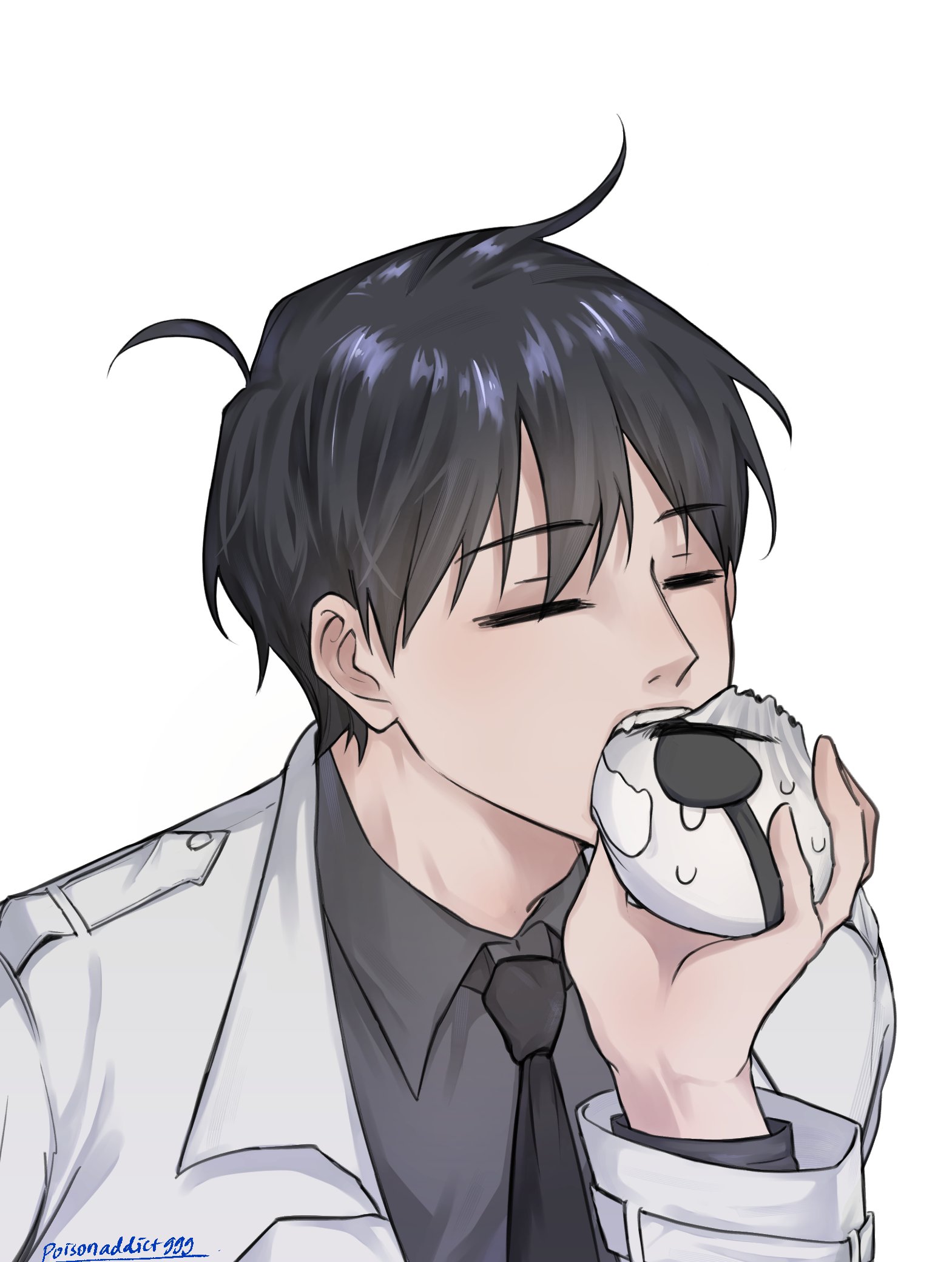 kim dokja, secretive plotter, omniscient reader's viewpoint, highres, 1boy, ahoge, bite mark, biting, black hair, black necktie, black shirt, closed eyes, coat, collared shirt, dumpling, eyepatch, fang, food, foodification, necktie, open clothes, open coat, open mouth, poisonaddict999, popped collar, shirt, short hair, sweat, white coat