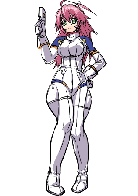 cuboon, mm, mm (kemeko deluxe), kemeko deluxe, 00s, 1girl, ahoge, bodysuit, female focus, green eyes, gun, hand on own hip, pink hair, solo, weapon