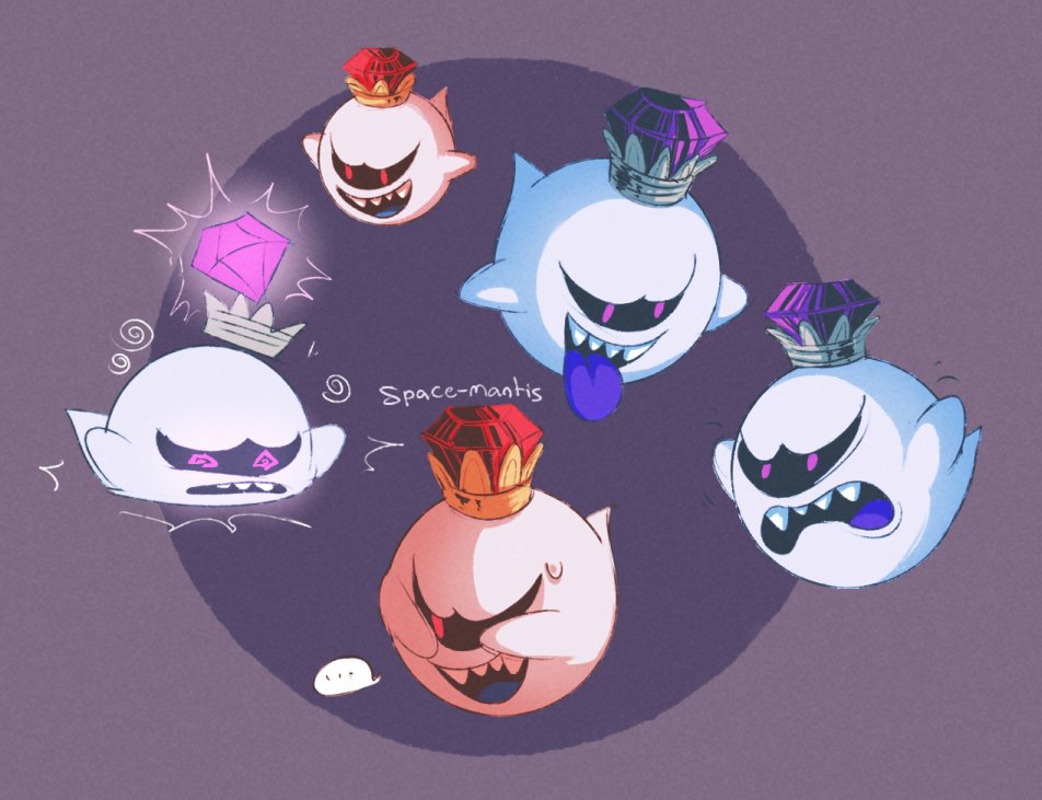 king boo, luigi's mansion, mario (series), nintendo, …, artist name, black sclera, colored sclera, colored tongue, crown, ghost, grey background, multiple views, no humans, open mouth, purple eyes, purple tongue, spacemantis, speech bubble, teeth, tongue, tongue out, upper teeth only