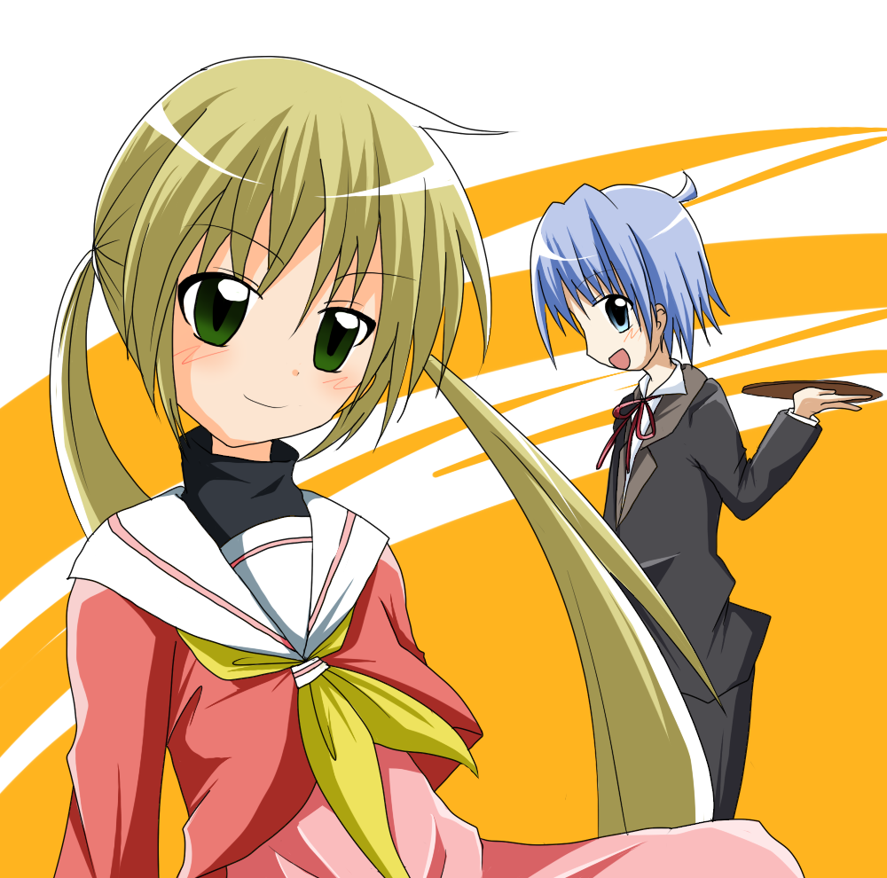 kaname ihnk, ayasaki hayate, sanzen'in nagi, hayate no gotoku!, bad id, bad pixiv id, 00s, blonde hair, blue eyes, blue hair, green eyes, long hair, school uniform, serafuku, short hair, tray, twintails