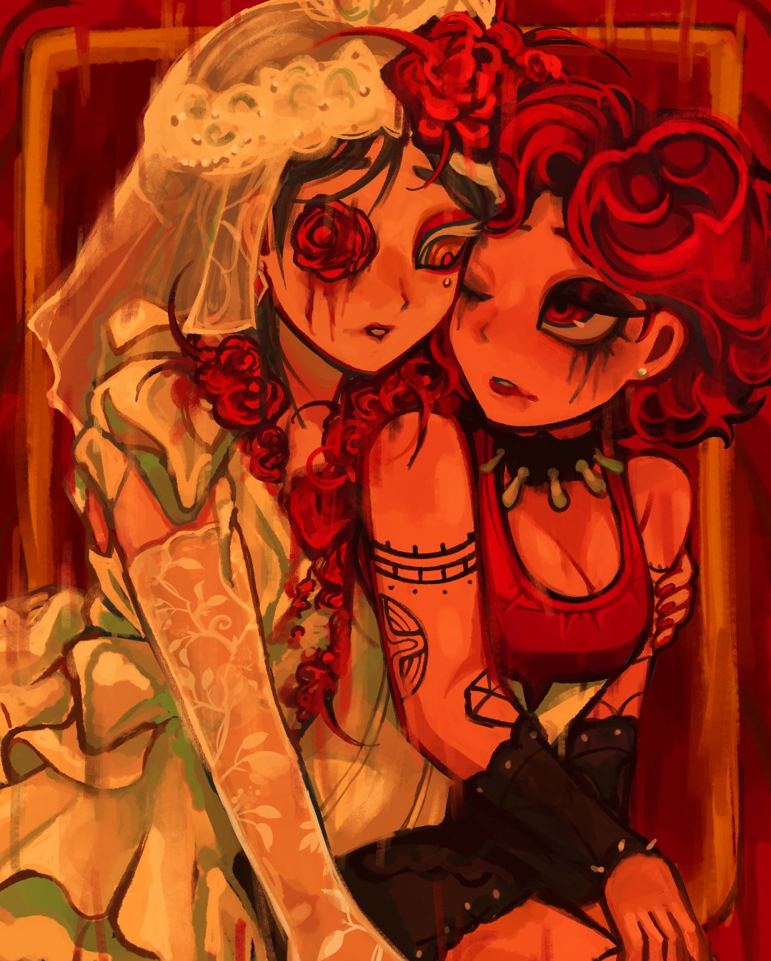 margaretha zelle, vera nair, vera nair (crimson bride), identity v, highres, 2girls, arm tattoo, black hair, breasts, bridal veil, cleavage, collar, dress, earrings, elbow gloves, eyeshadow, flower, gloves, hair flower, hair ornament, jewelry, long hair, looking at another, makeup, multiple girls, one eye closed, parted lips, rawgluten, red eyes, red flower, red hair, rose, short hair, sitting, sleeveless, spikes, tattoo, veil, wedding dress, white dress, yuri