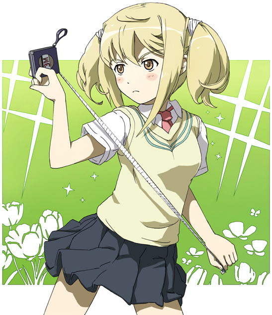 juumonji, original, school uniform, solo, sweater vest, tape measure, twintails, vest