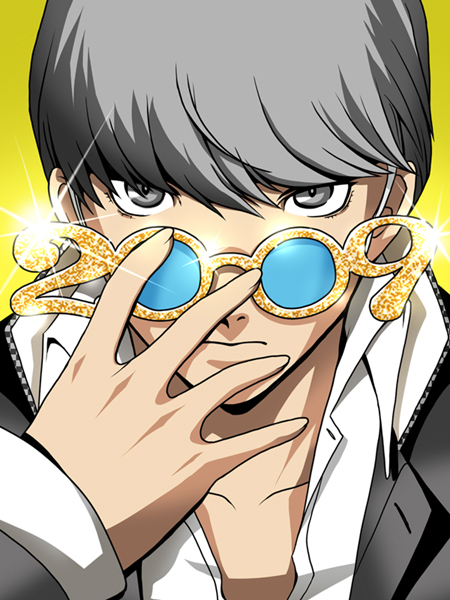 c (neta), magukappu, narukami yu, atlus, persona, persona 4, 00s, 1boy, 2009, adjusting eyewear, glasses, glitter, grey eyes, grey hair, male focus, new year, solo, sunglasses