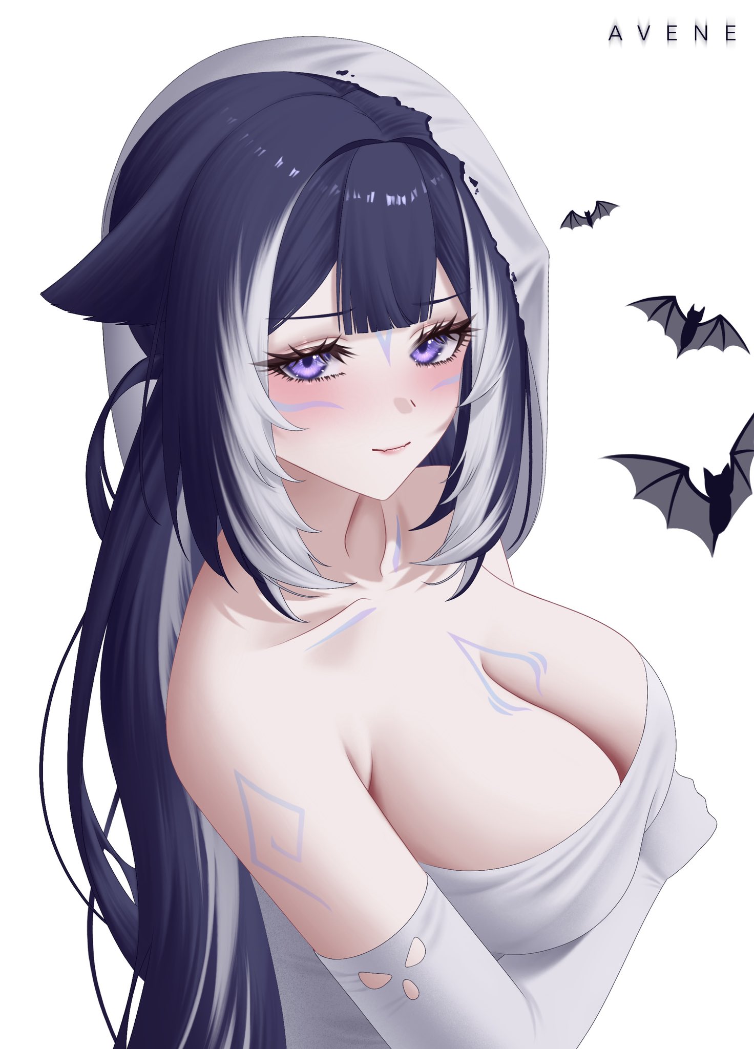 shylily, indie virtual youtuber, highres, 1girl, arm under breasts, artist name, avene chan, bat (animal), black hair, body markings, breasts, closed mouth, collarbone, dress, elbow gloves, facial mark, gloves, large breasts, long hair, multicolored hair, purple eyes, solo, streaked hair, upper body, virtual youtuber, white dress, white gloves, white hair, white hood