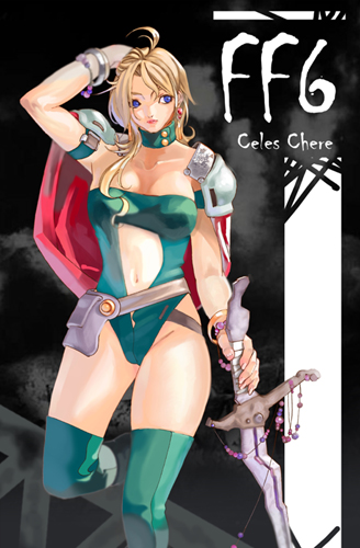 moruga, celes chere, final fantasy, final fantasy vi, lowres, 1990s (style), 1girl, adapted costume, adjusting hair, ahoge, arm strap, arm up, armor, beads, blonde hair, blue eyes, bracelet, breasts, cape, character name, choker, cleavage, clothing cutout, collarbone, copyright name, earrings, female focus, green thighhighs, groin, highleg, highleg leotard, holding, holding sword, holding weapon, jewelry, leg lift, leg up, leotard, lipstick, long hair, looking to the side, makeup, navel, navel cutout, pauldrons, retro artstyle, shoulder armor, solo, standing, strapless, strapless leotard, sword, thighhighs, weapon