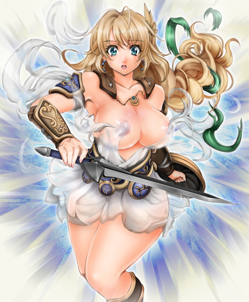 1041 (toshikazu), sophitia alexandra, soul calibur, soulcalibur, soulcalibur iv, 1girl, aqua eyes, armor, armored dress, blonde hair, blonde twist, blue eyes, braid, breasts, dress, earrings, goddess bracelet, goddess headdress, goddess robe, hip focus, jewelry, large breasts, long hair, nail polish, nipples, omega sword, see-through clothes, single braid, sword, torn clothes, wardrobe malfunction, weapon, wide hips