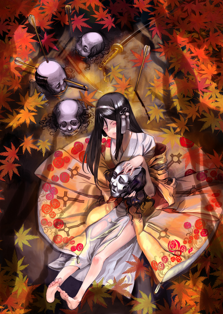 moruga, arrow (projectile), barefoot, black hair, corpse, corpses, feet, japanese clothes, kimono, leaf, long hair, severed head, sitting, solo