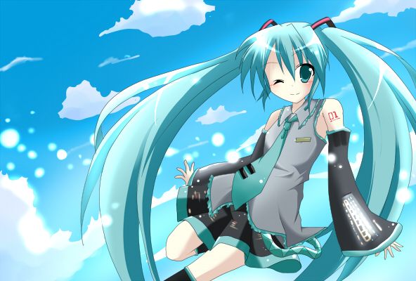 kaname ihnk, hatsune miku, vocaloid, bad id, bad pixiv id, 1girl, aqua eyes, aqua hair, cloud, detached sleeves, female focus, long hair, necktie, one eye closed, skirt, sky, solo, thighhighs, twintails, wink