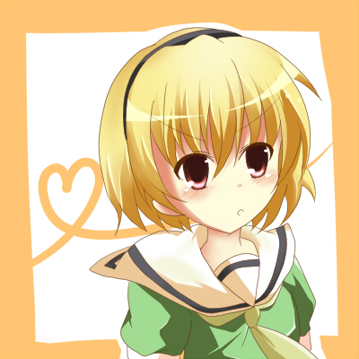 kaname ihnk, houjou satoko, higurashi no naku koro ni, bad id, bad pixiv id, lowres, 00s, blonde hair, hairband, red eyes, school uniform, serafuku, short hair, solo