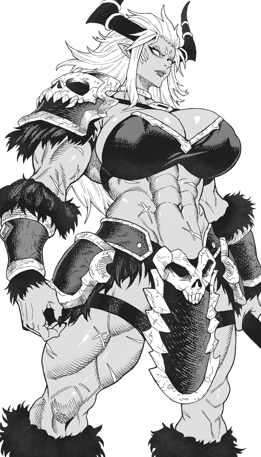 websake, original, commentary, commission, highres, 1girl, abs, armor, biceps, blank eyes, bracer, breasts, closed mouth, dark-skinned female, dark skin, demon horns, facial mark, feet out of frame, fur trim, greyscale, holding, horns, large breasts, long hair, monochrome, muscular, muscular female, navel, pauldrons, pointy ears, scar, scar on arm, scar on leg, scar on stomach, shoulder armor, simple background, single pauldron, skull, solo, standing, thigh strap, very long fingernails, very long hair