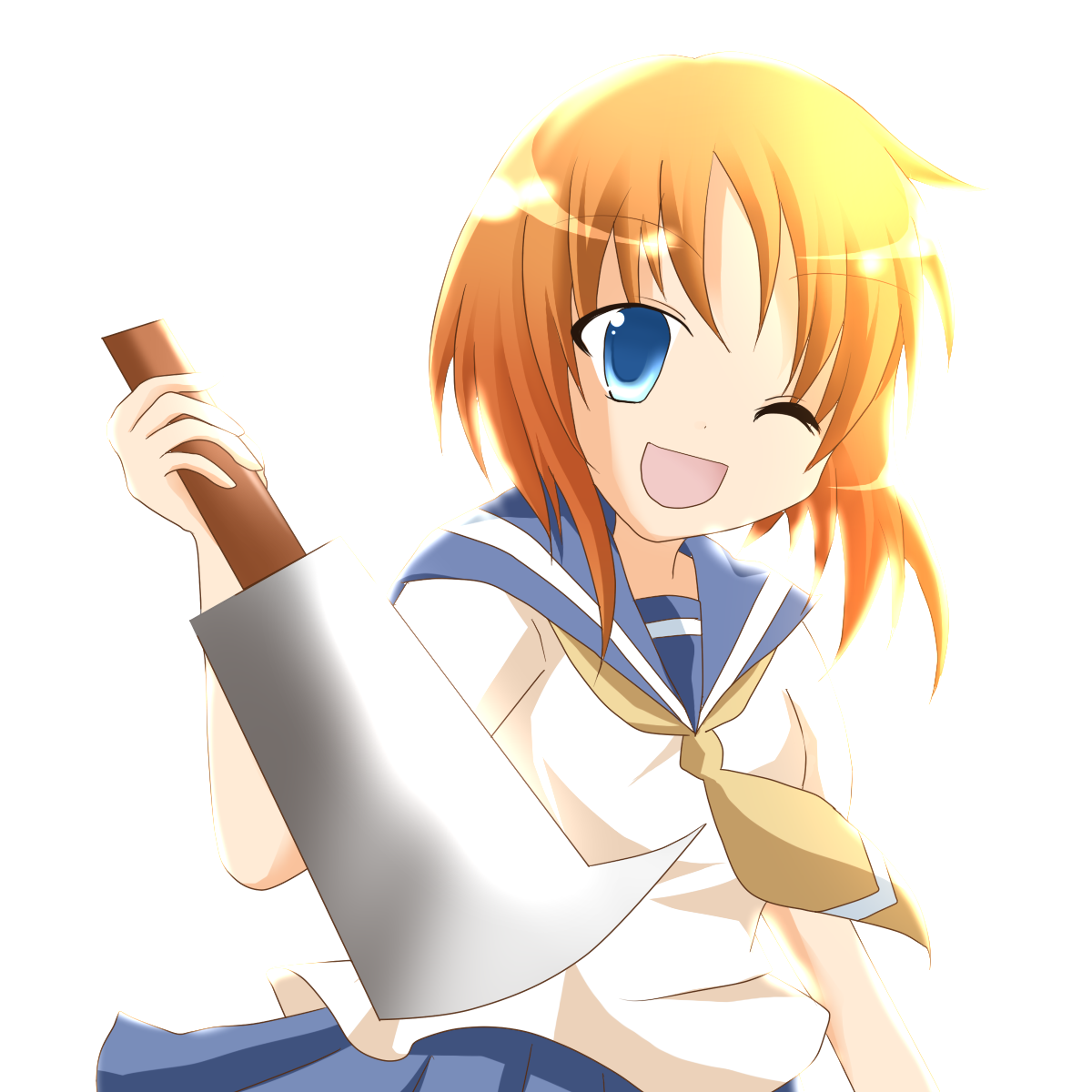 kaname ihnk, ryuuguu rena, higurashi no naku koro ni, bad id, bad pixiv id, highres, 00s, 1girl, billhook, blue eyes, female focus, hashitsuki nata, hatchet, nata (tool), one eye closed, orange hair, school uniform, serafuku, solo, wink
