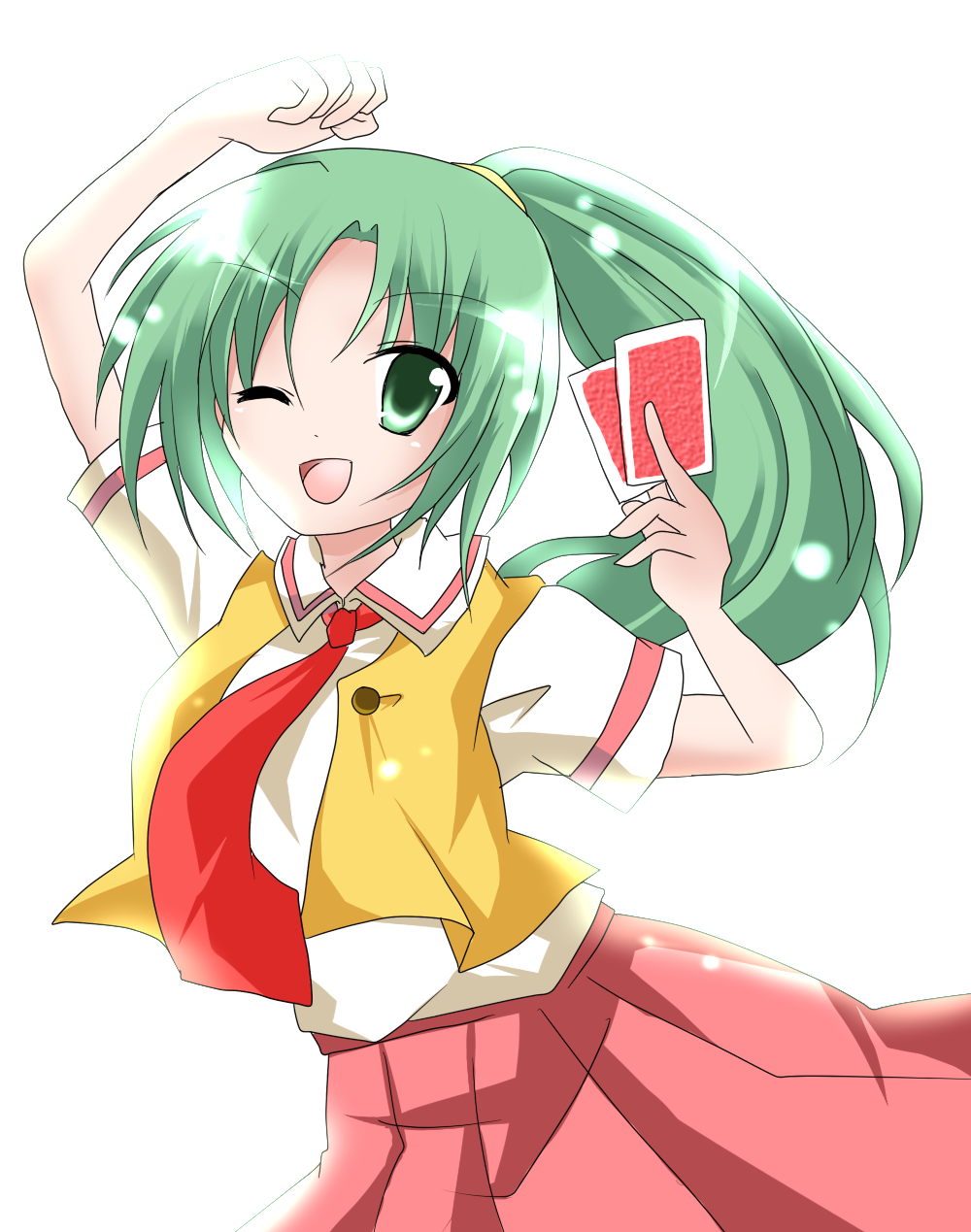 kaname ihnk, sonozaki mion, higurashi no naku koro ni, bad id, bad pixiv id, highres, 00s, 1girl, card, female focus, green eyes, green hair, holding, holding card, long hair, matching hair/eyes, necktie, one eye closed, ponytail, red necktie, school uniform, solo, wink