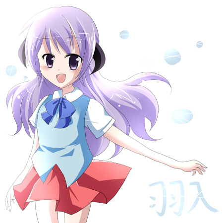 kaname ihnk, hanyuu, higurashi no naku koro ni, bad id, bad pixiv id, lowres, 00s, horns, long hair, purple eyes, purple hair, school uniform, solo