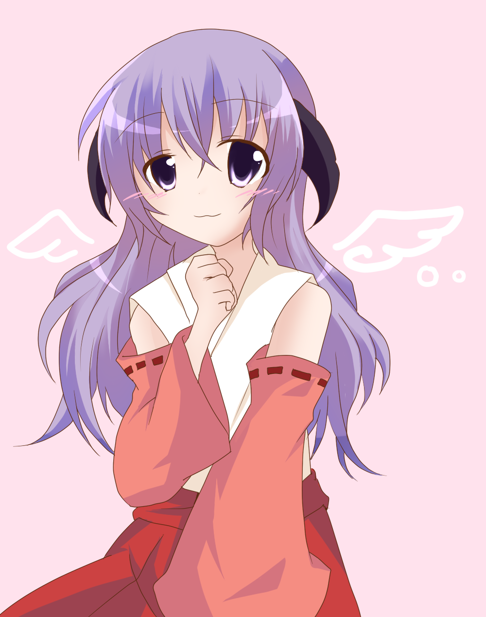 kaname ihnk, hanyuu, higurashi no naku koro ni, bad id, bad pixiv id, highres, 00s, 1girl, blush, detached sleeves, female focus, hakama, hakama skirt, horns, japanese clothes, long hair, miko, purple eyes, purple hair, red hakama, skirt, smile, solo, wings