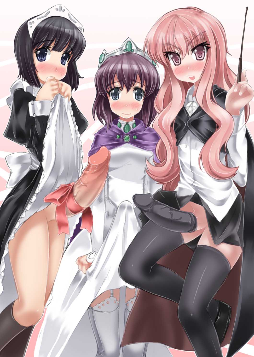 abubu, henrietta de tristain, louise francoise le blanc de la valliere, zero no tsukaima, garters, siesta, highres, jpeg artifacts, 3girls, black hair, blue eyes, blurry, blush, bulge, cocksleeve, condom, dress, dress lift, futanari, long hair, maid, multiple girls, penis, penis ornament, penis ribbon, pink eyes, pink hair, purple hair, ribbon, short hair, skirt, thighhighs